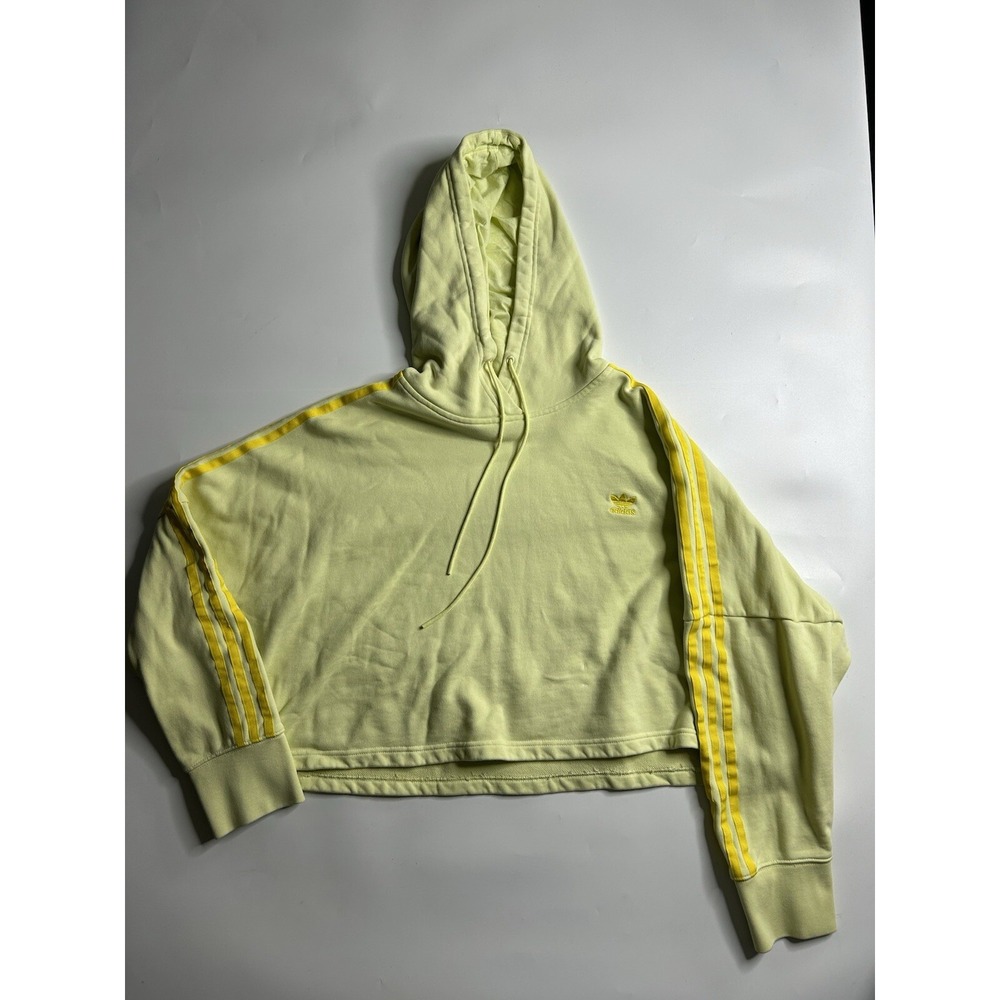 Adidas Sweatshirt Womens XL Cropped Neon Yellow Embroidered Logo Hoodie
